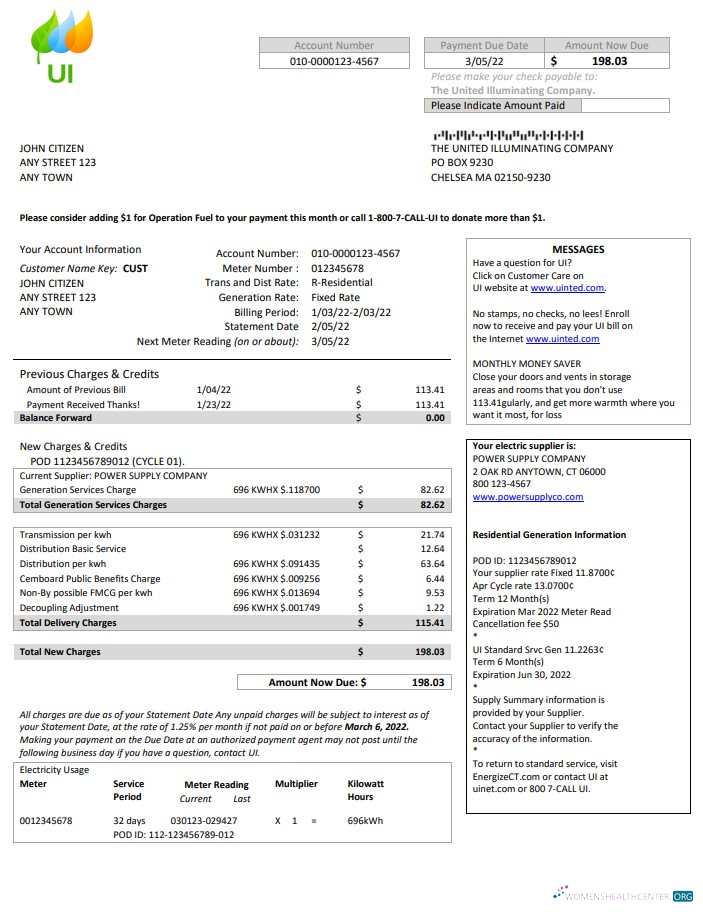 USA Massachusetts Chelsea UI The United Illuminating Company utility bill Word and PDF template